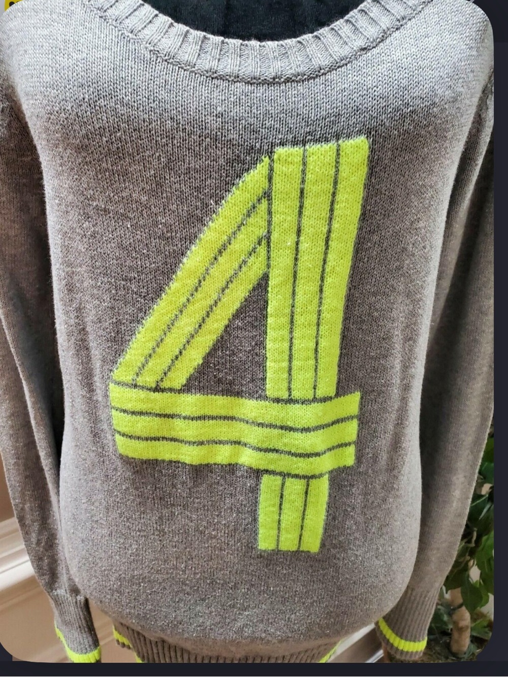 Grey Women's Sweater with Neon Green Number 4